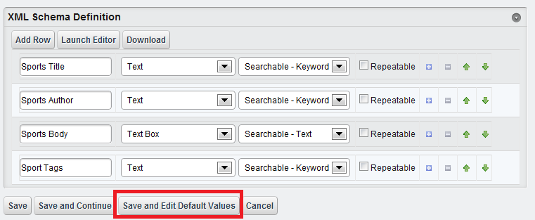 Figure 3.3: You can create fields for structure default values via the XML
Schema Definition section of the new structure
form.