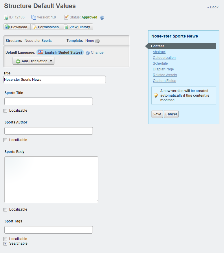 Figure 3.4: You can edit default values via the Actions button of the structure  form.