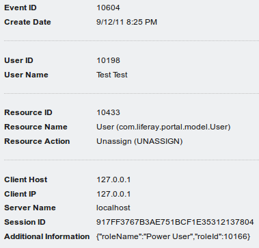 Figure 17.5: If youve delegated portal administration to multiple users, you
can use the audit plugins to determine who made what change. And, of course,
youll never leave the default administrative user enabled in a production
system, right?