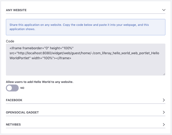 Figure 1: The Sharing tab in your widgets Configuration menu lets you share your widget in a variety of ways.