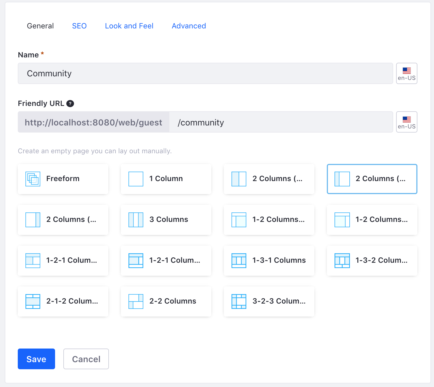 Figure 1: Create a page called Community with two columns.
