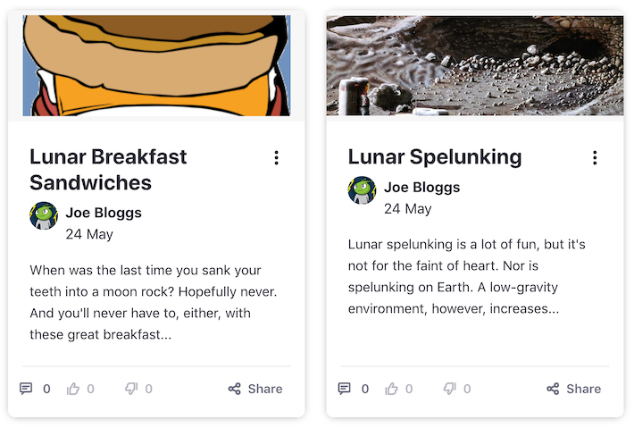 Figure 2: The Card display template makes your blog posts look like fun little trading cards.