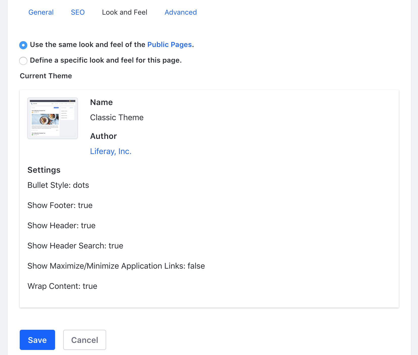 Figure 2: Viewing the Look and Feel page configuration. .