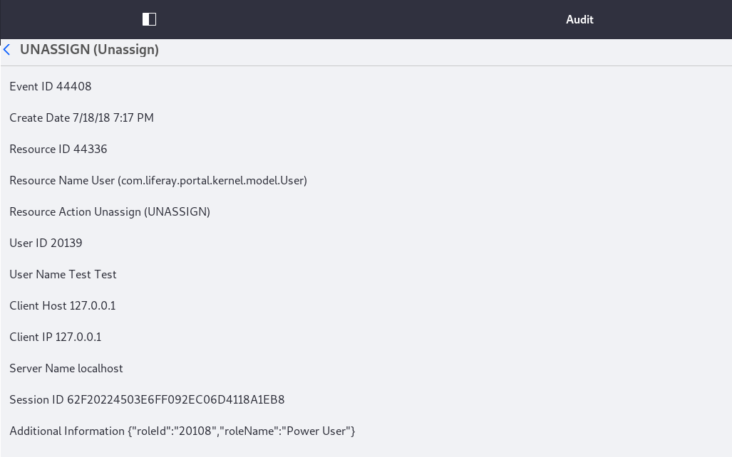 Figure 4: This record shows that the default administrative user removed the Power User Role from the User Test Test.