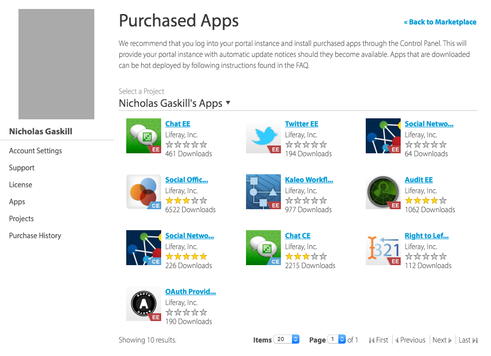 Figure 3: You can manage your purchased apps from your liferay.com accounts home page.