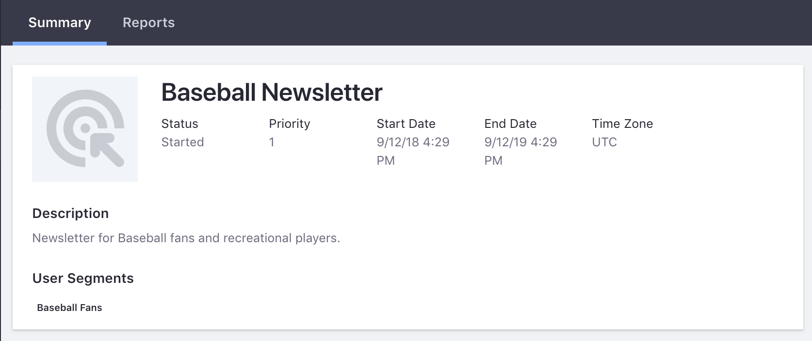 Figure 2: Select a pre-existing campaign to view its Summary page.