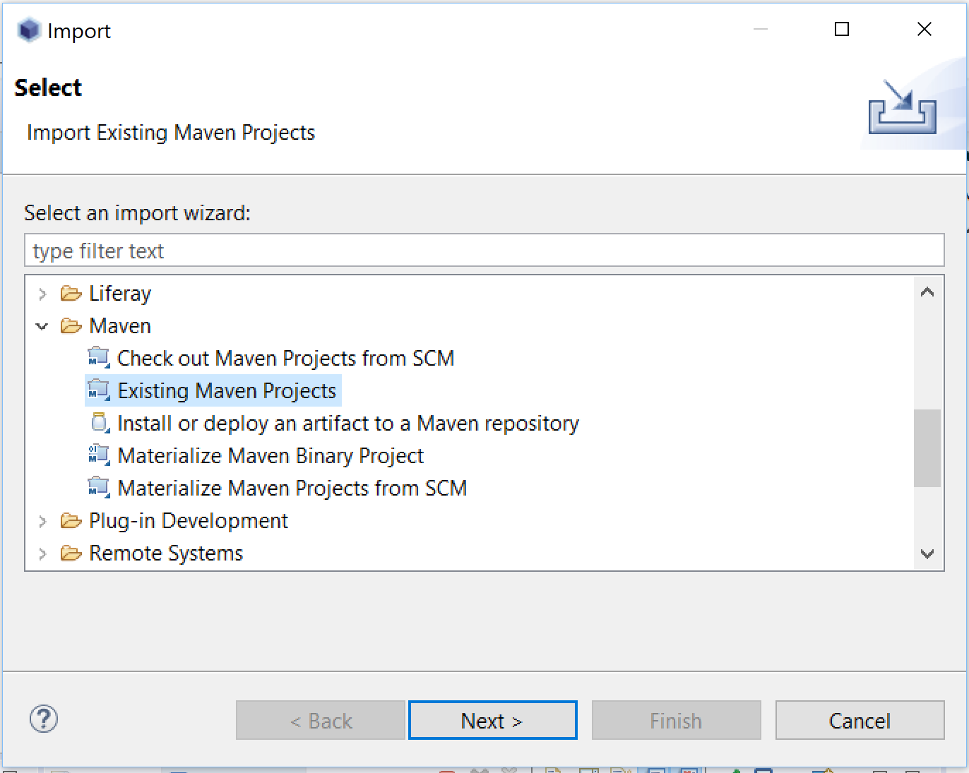 Figure 2: Dev Studio offers the Maven folder in the Import wizard.