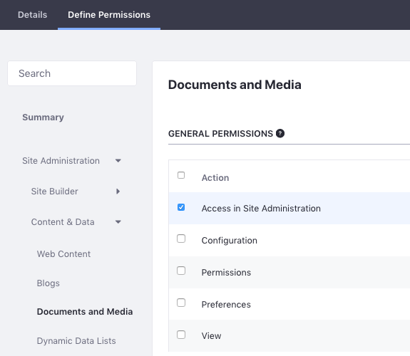 Figure 1: Its often helpful to define a role for specific users to access Documents and Media from Site Administration.