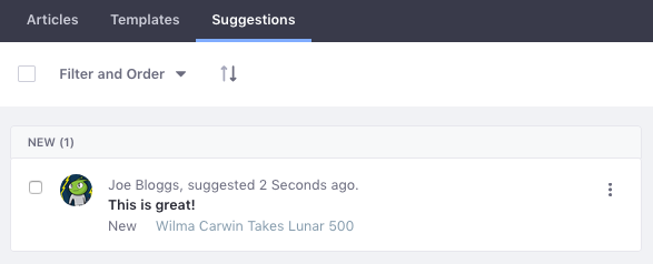 Figure 1: The Suggestions tab in Knowledge Base displays each piece of feedback that users leave on Knowledge Base articles.