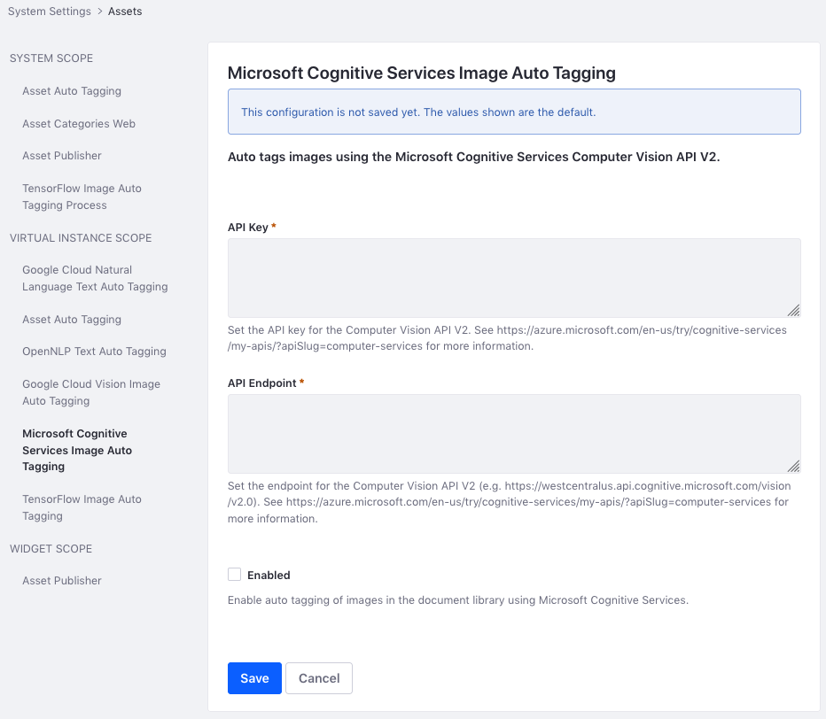 Figure 5: The Microsoft Cognitive Services provider requires an API key and an endpoint.