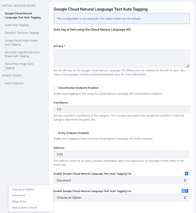 Figure 1: Configure Google Cloud Natural Language text auto tagging for your portal instances.