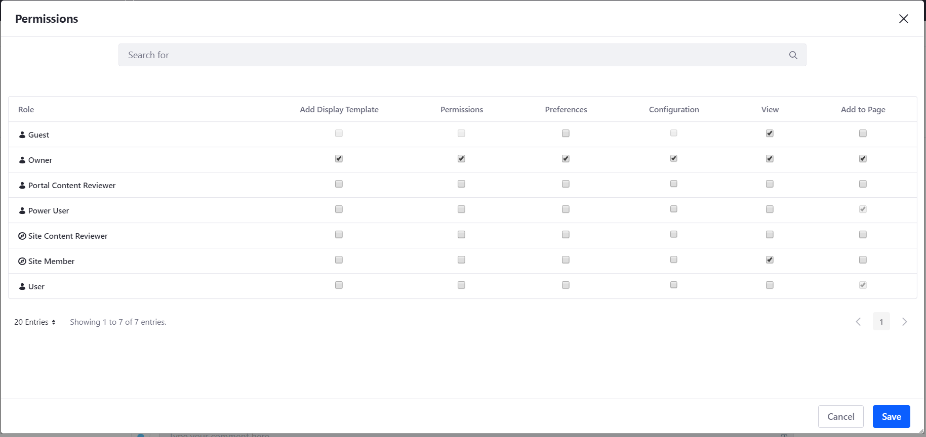 Figure 1: Viewing the permissions configuration for a widget.