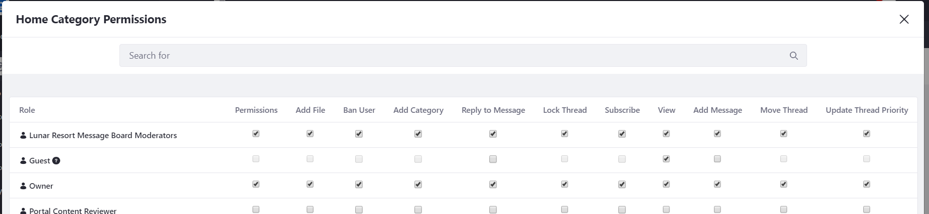 Figure 2: The Lunar Resort Message Board Moderators Site Team has unlimited permissions on the Message Boards application.