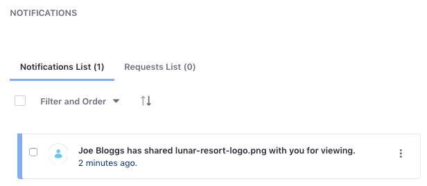 Figure 2: The Notifications app contains the notifications that are sent when a user shares a file with you.