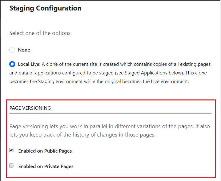 Figure 1: You can enable page versioning for public and/or private pages.