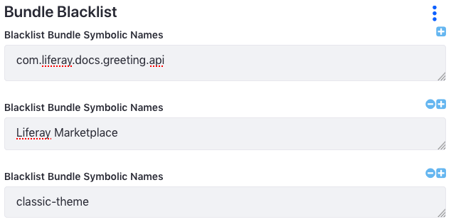Figure 1: This blacklist uninstalls the com.liferay.docs.greeting.api bundle, Liferay Marketplace LPKG, and classic-theme WAR.