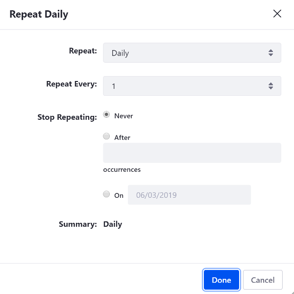 Figure 5: The Repeat box allows you to specify whether an events repeats daily, weekly, monthly, or yearly, how often it repeats, and when (or if) it ends.