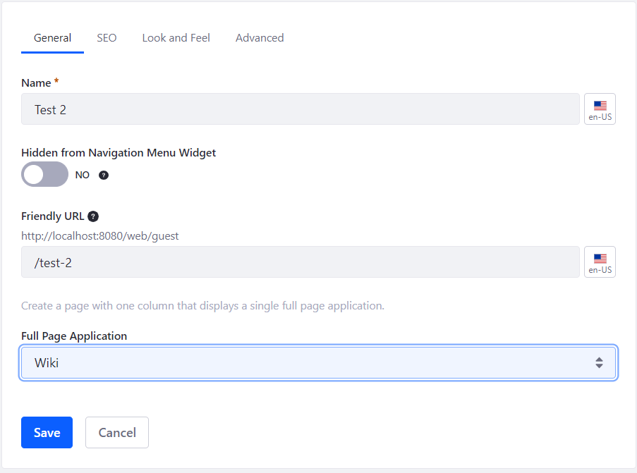 Figure 1: The Full Page Application configuration page.