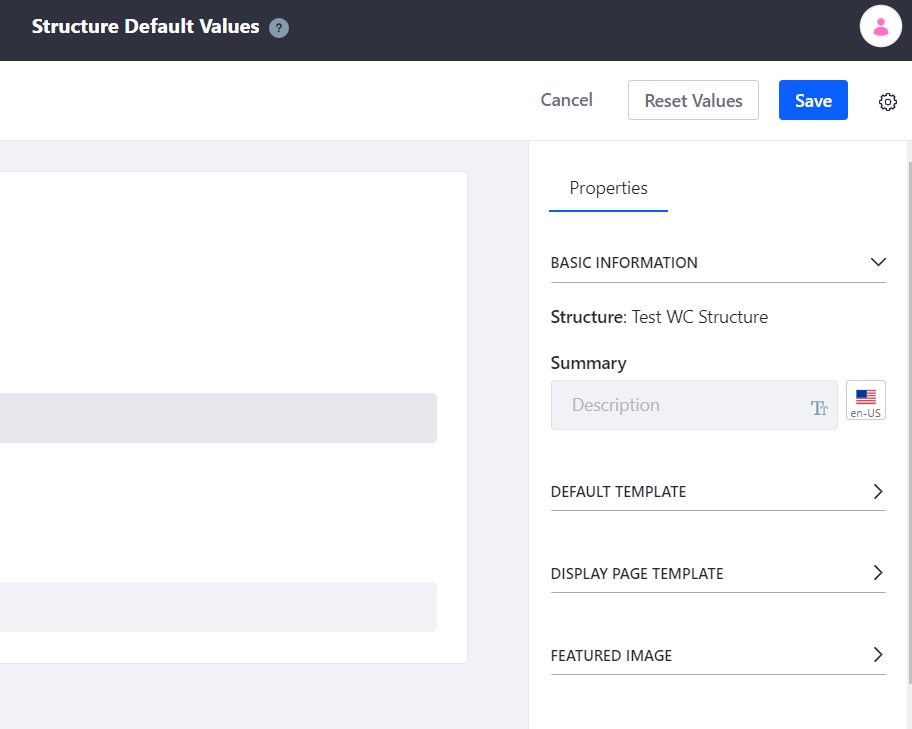 Figure 2: You can define values for your structure fields and the standard asset metadata fields.