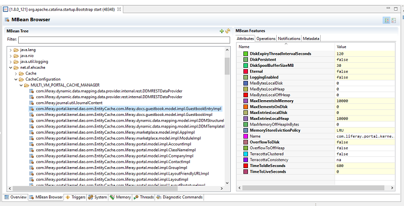 Figure 1: Caches configured in Liferay DXP can be examined using JMX tools such as Zulu Mission Control  \(Portal Process → MBean server  → MBean Browser\)